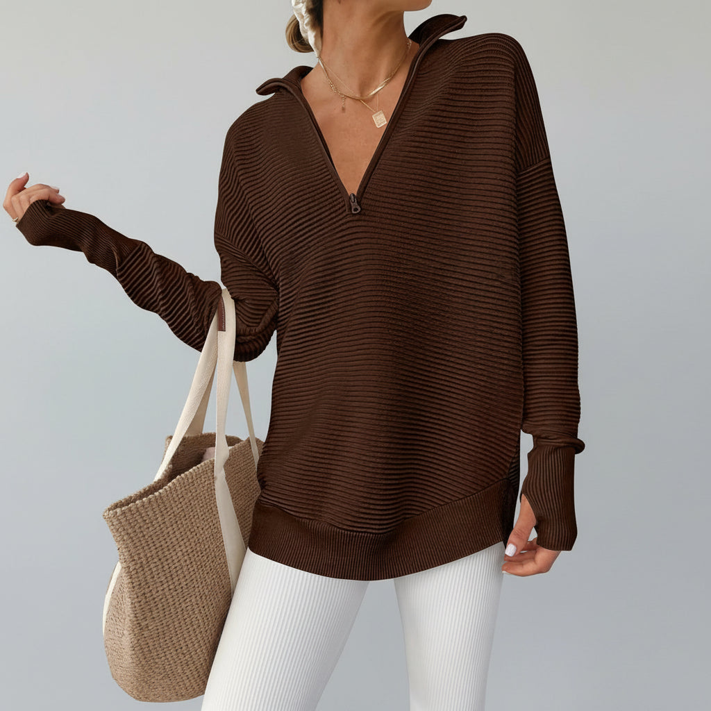 Womens Sweater Knitted Half Zip V Neck Ribbed Fabric Oversized