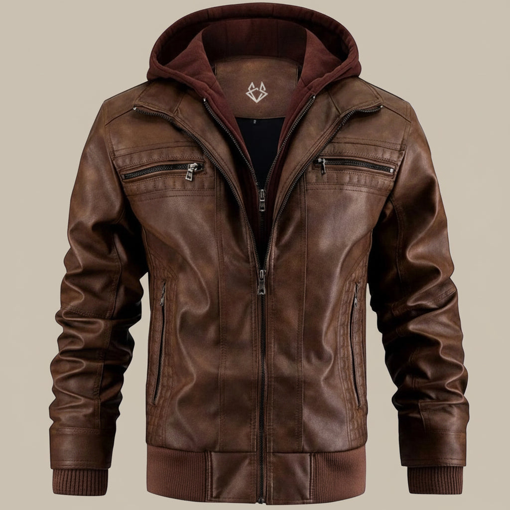 Mens Leather Bomber Jacket Removable Hood Rugged Style