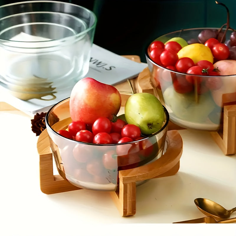 Faridabio - Bamboo & Glass Fruit Bowl Set with Wooden Stand