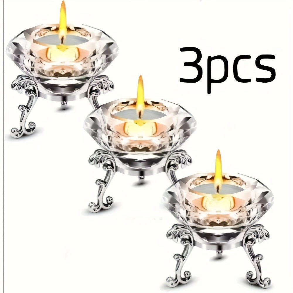 set di 2 candelabri in cristallo trasparente - stile europeo, candelabro romantico a forma di diamante con supporto triangolare in metallo