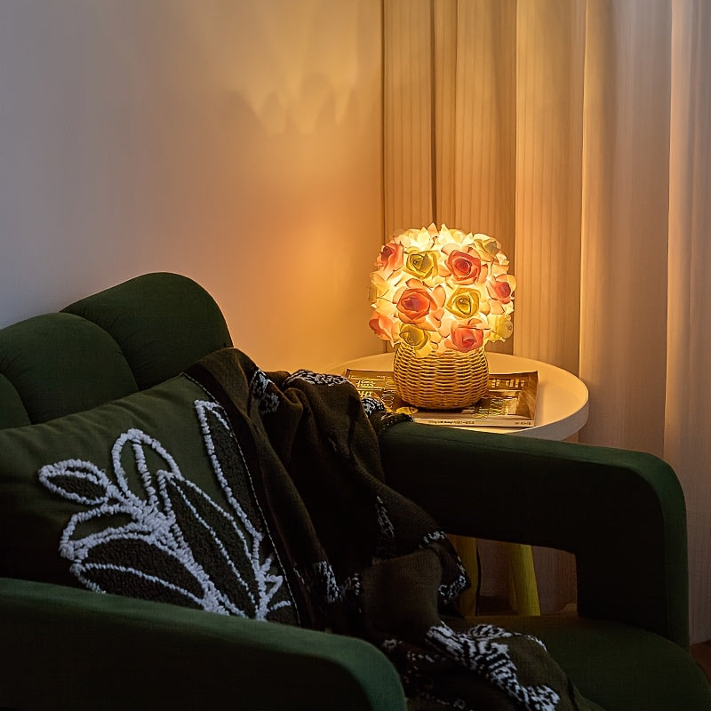 FloraGlow - Lampada da tavolo USB Art Deco Roos con base lucidata e lampadina