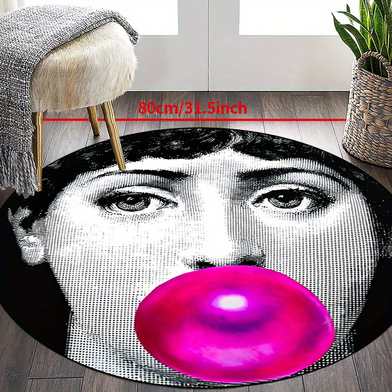 Tappeto Rotondo Donna che Soffia Bolle - Antiscivolo, Lavabile, Morbido Tappeto in Poliestere per Soggiorno, Camera da Letto, Ingresso, Patio e Giardino