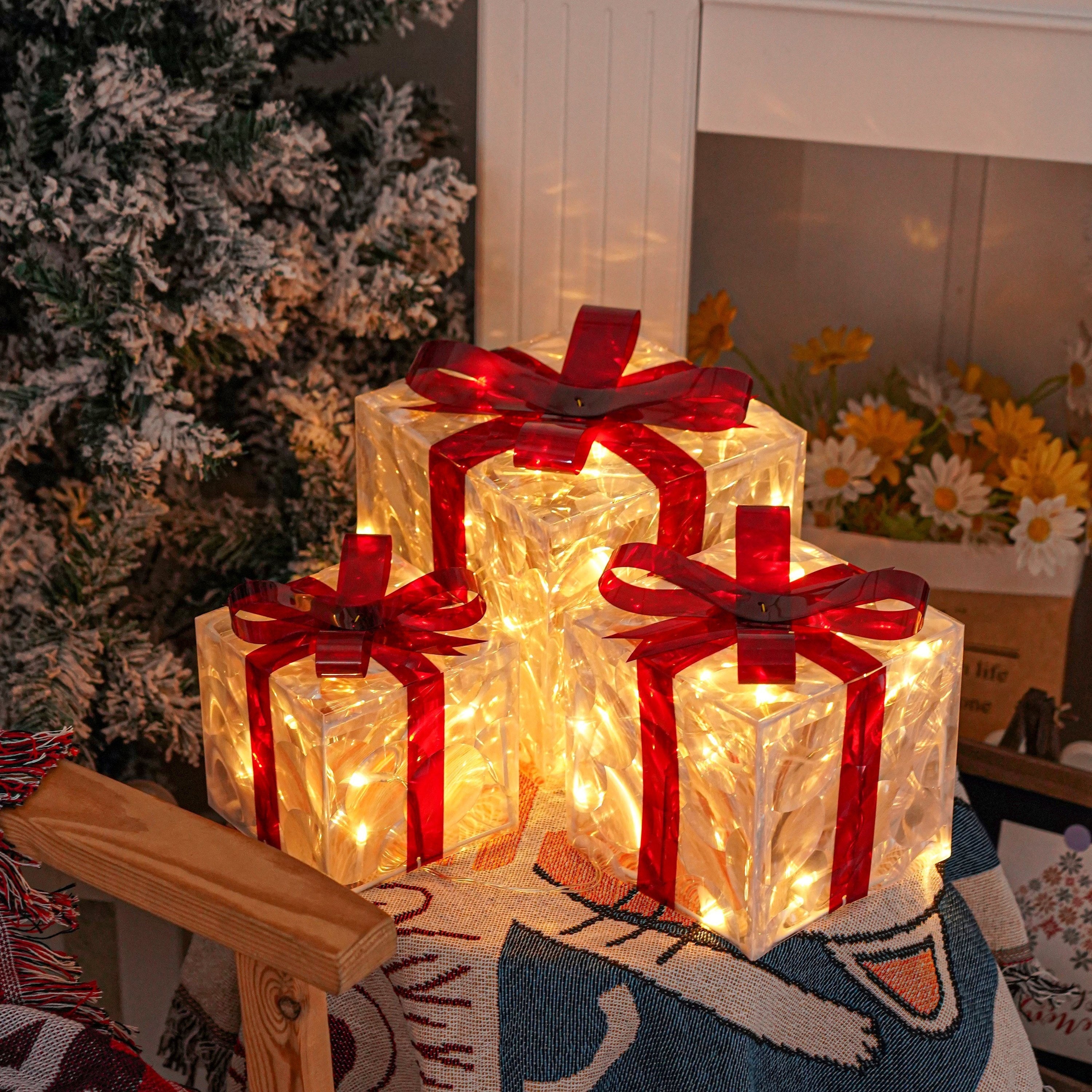 CadeauLicht - Set of 3 Lighted Christmas Gift Boxes with Red Bow
