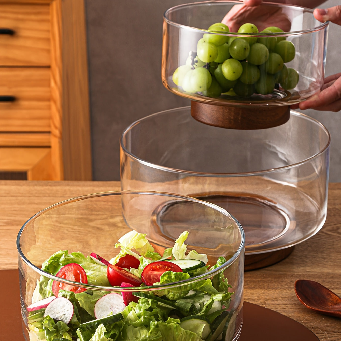GlassServe Fruit Bowl - Glass Fruit Bowl with Wooden Base for Kitchen Table