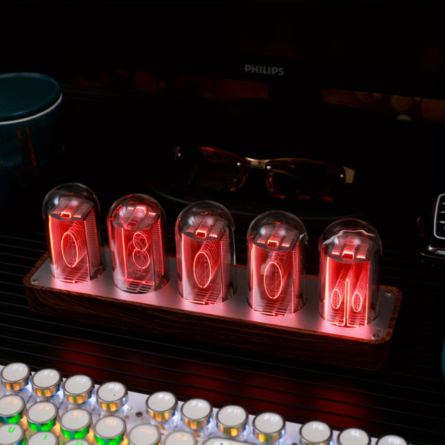 ClocTeck Nixie Tube Clock - Retro Digital Desk Clock, Supports Wi-Fi Time Calibration (Walnut Color)