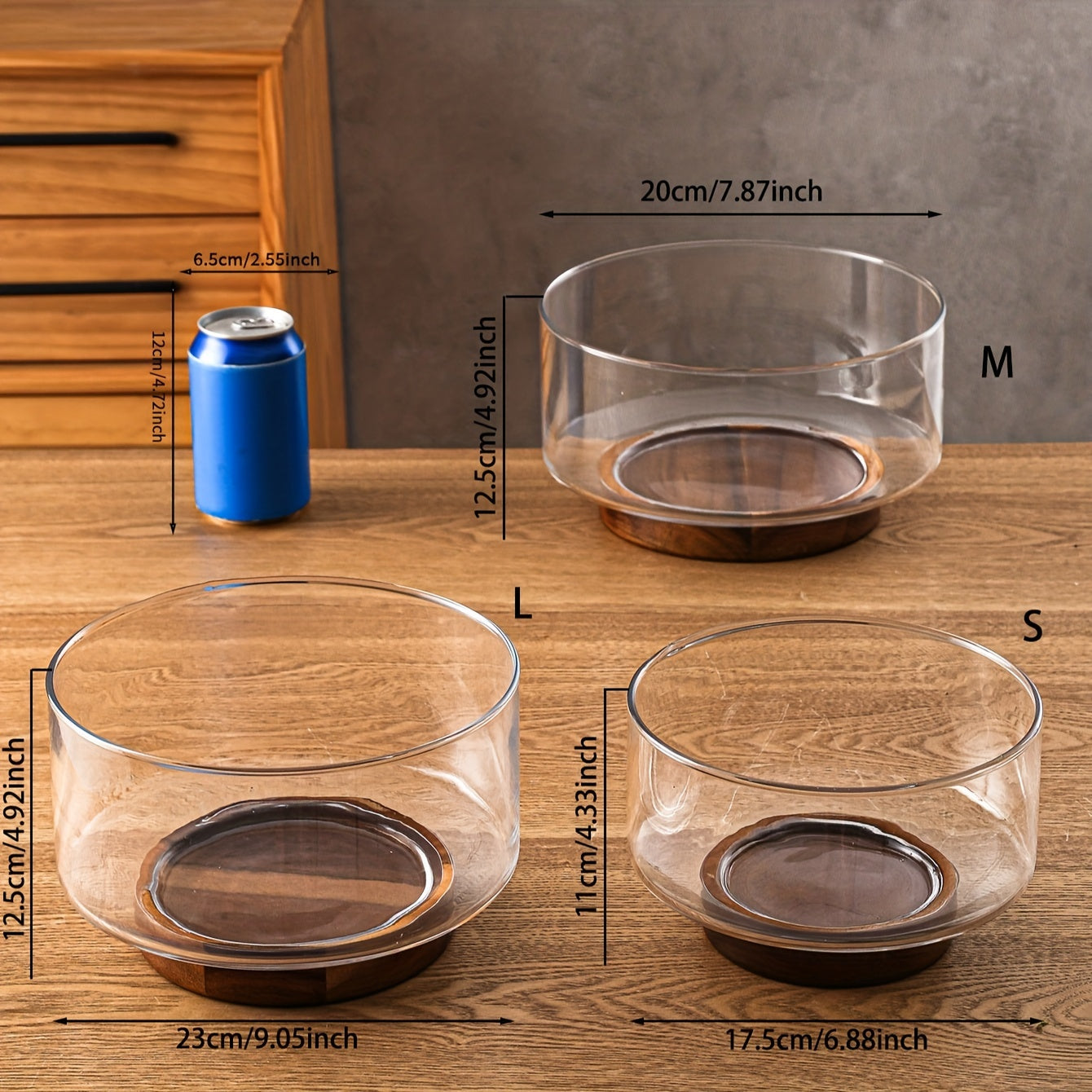 GlassServe Fruit Bowl - Glass Fruit Bowl with Wooden Base for Kitchen Table