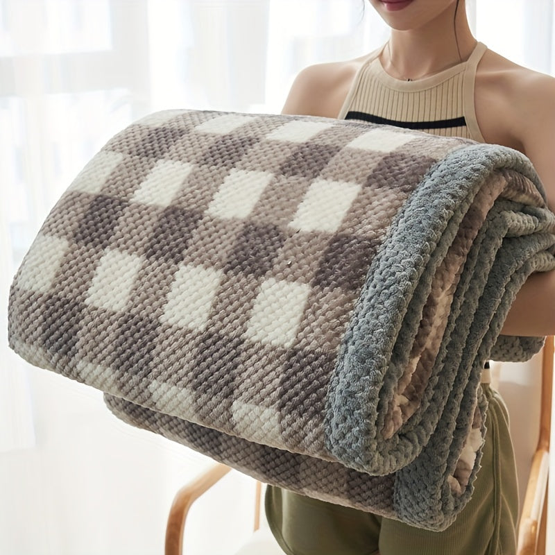 Manta de forro polar de leche a cuadros acogedora - Manta de invierno gruesa y suave para oficina y comodidad en la cama, lavable a máquina