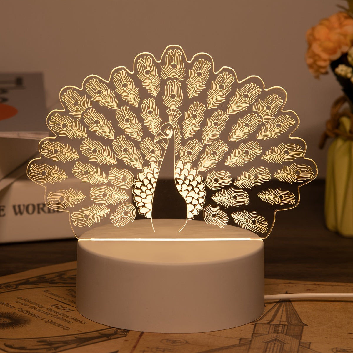 LumiPauw - Lampada da scrivania LED creativa alimentata via USB, moderna lampada notturna pavone