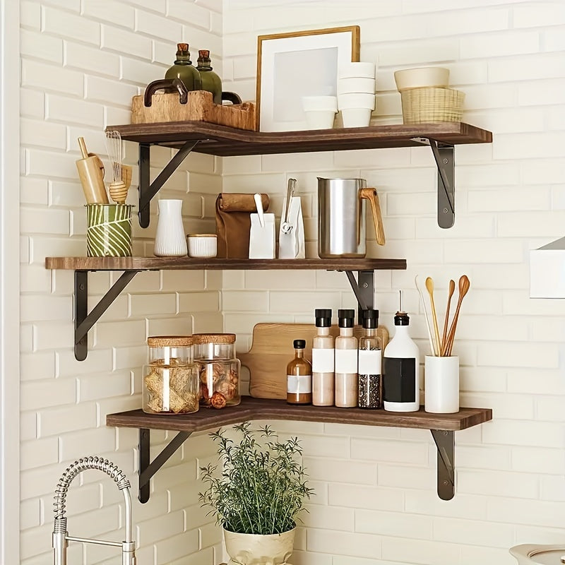 RusticCorner - 3/5 Pieces Floating Corner Shelf - Wooden Wall Decoration and Storage Rack