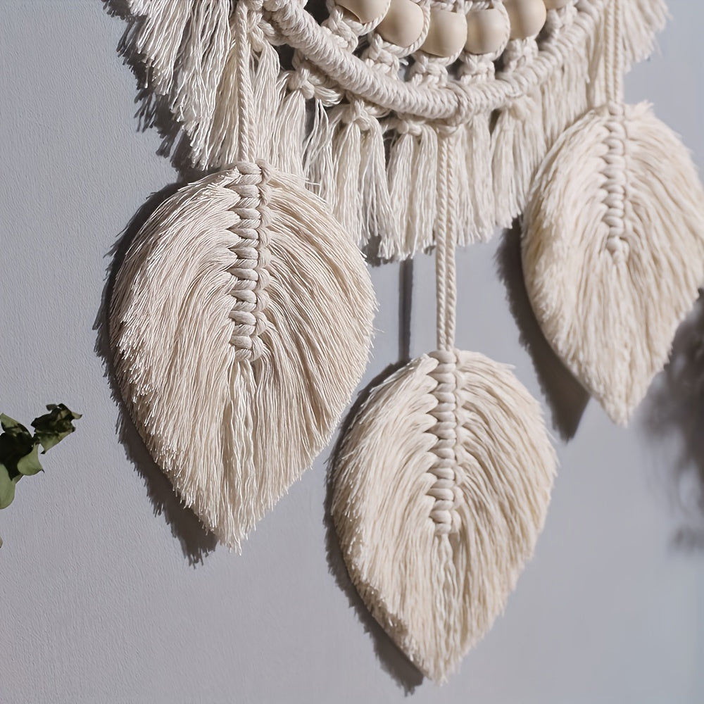 Specchi da parete in rattan intrecciato a mano stile boho chic con frange a foglia – Senza cornice e finitura lucida