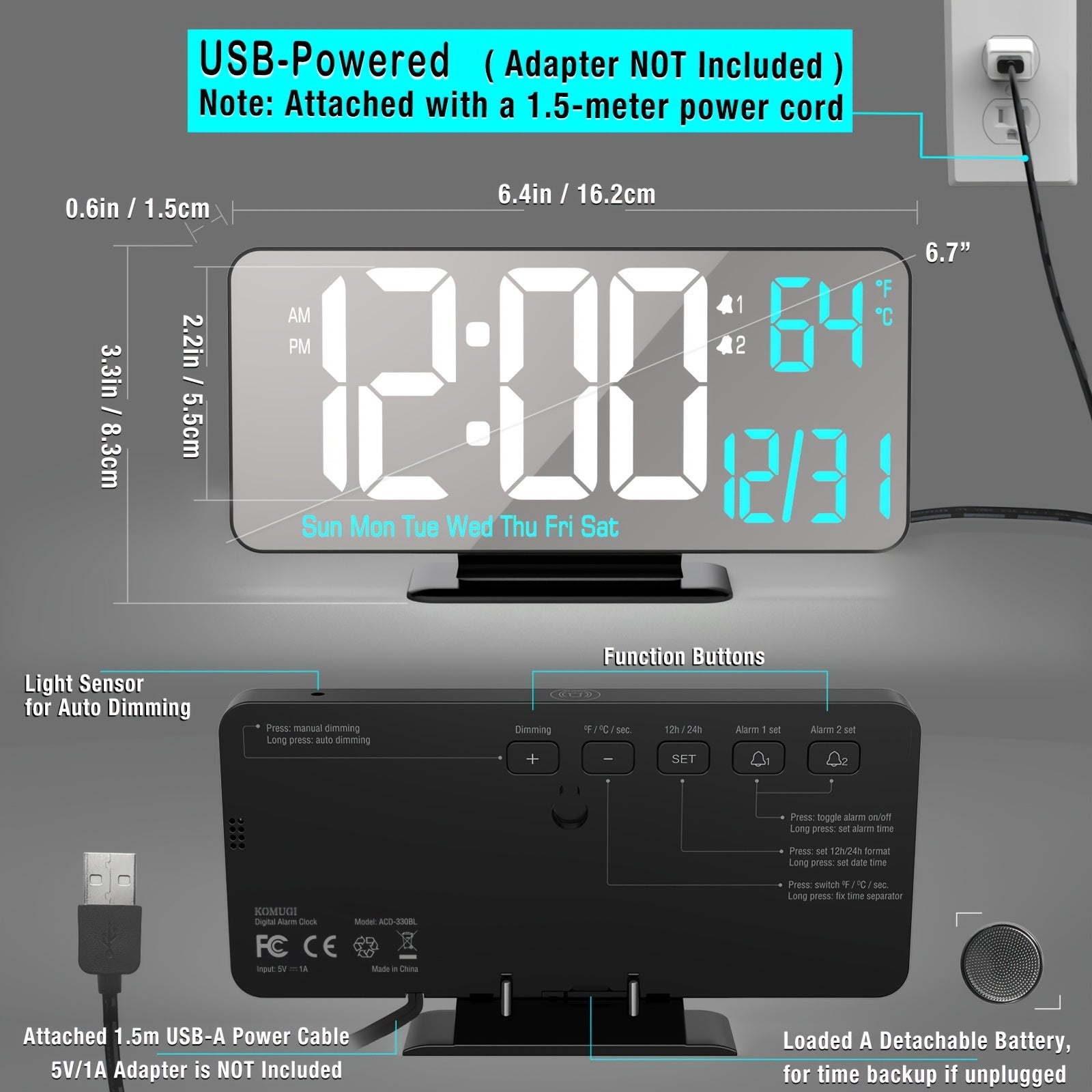 Digitime - Sveglia LED Digitale con Doppia Sveglia e Alimentazione USB