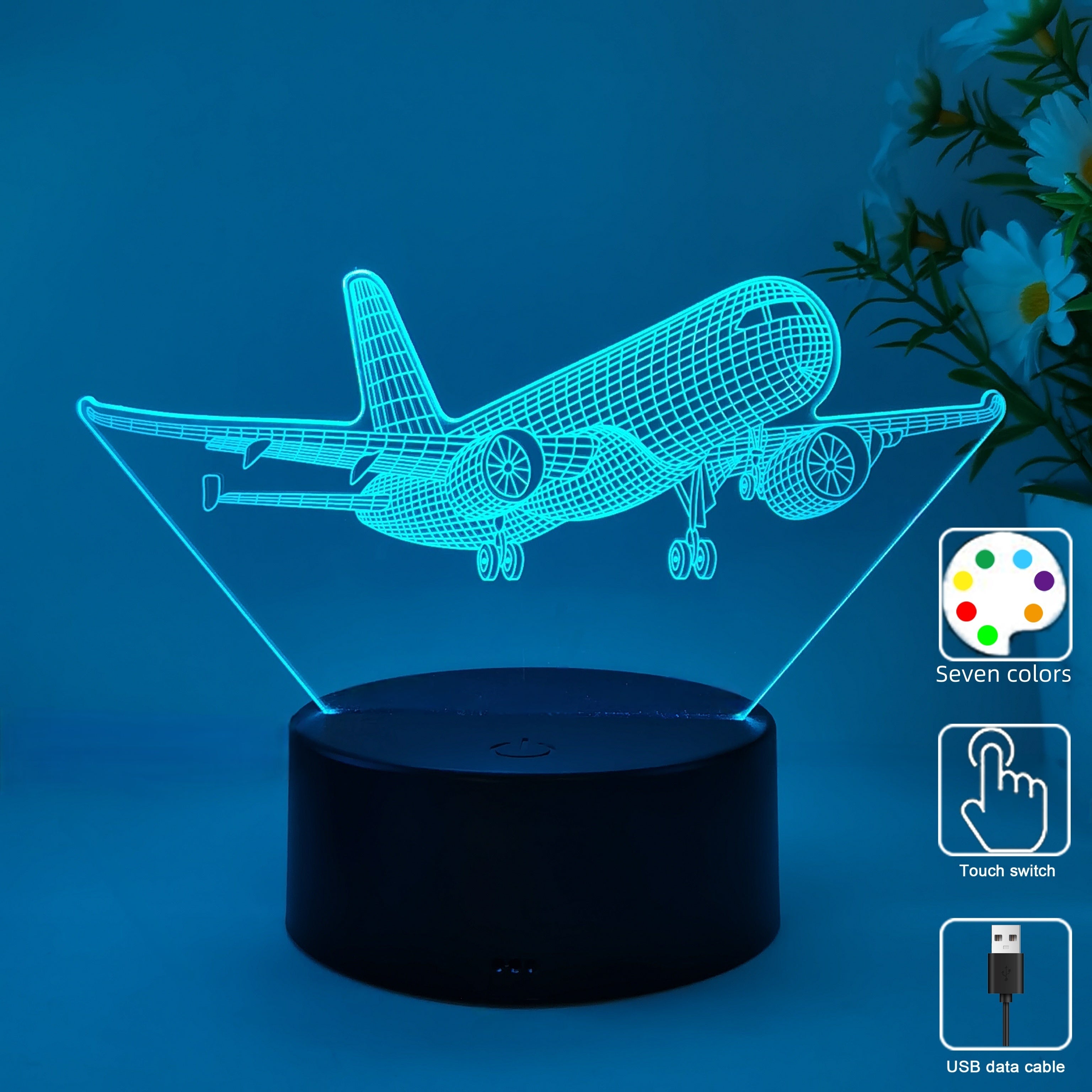 SkyGlow - Lampada Notturna Acrilica 3D Aereo con USB, Lampada da Tavolo LED