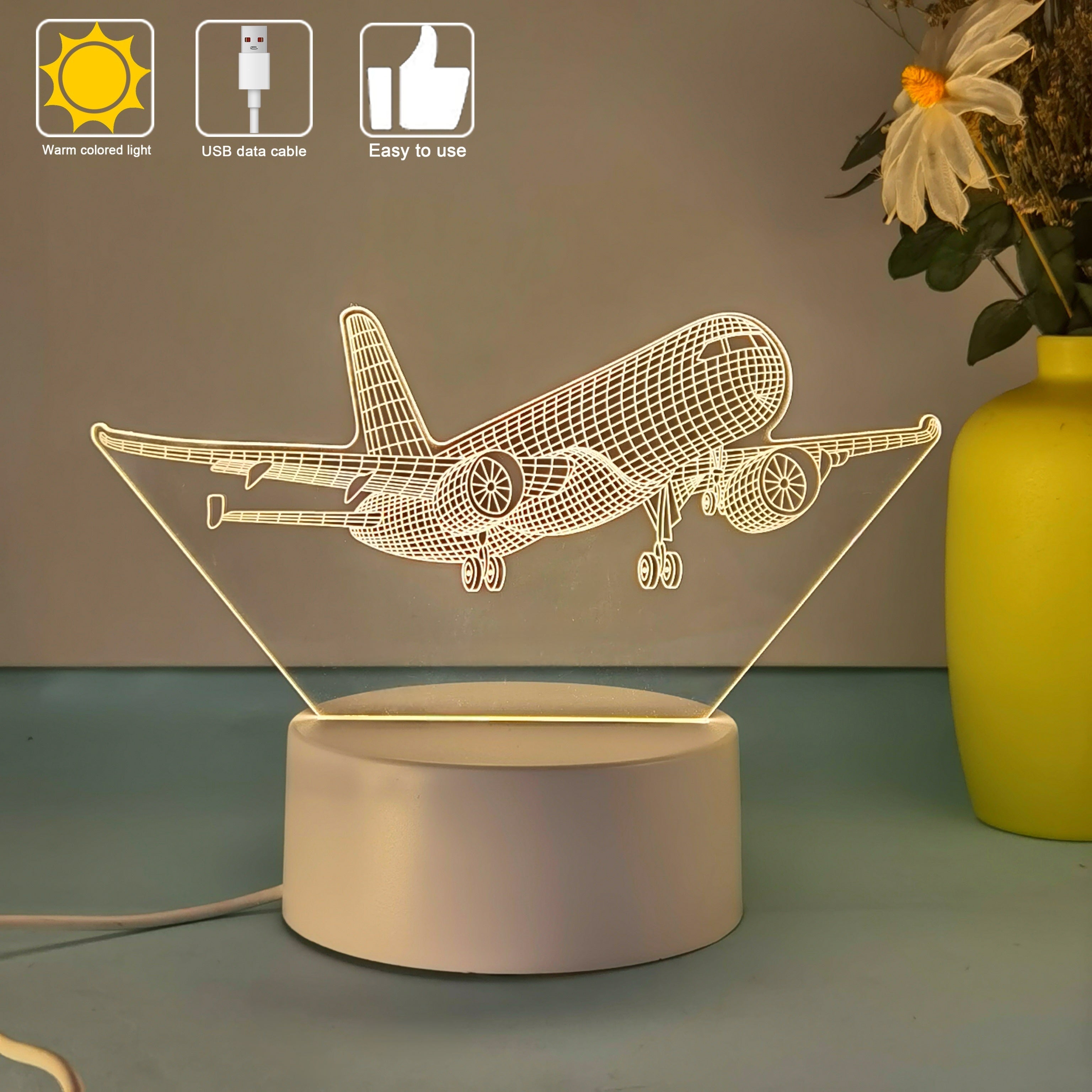 SkyGlow - Lampada Notturna Acrilica 3D Aereo con USB, Lampada da Tavolo LED