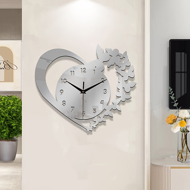 Relógio de Parede Acrílico Silencioso em Forma de Coração - Design Sem Moldura de Amor para Sala de Estar, Quarto e Escritório