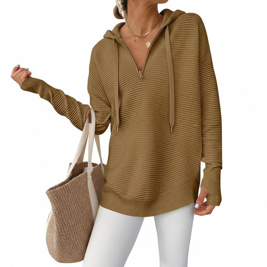 Womens Sweater Knitted Half Zip V Neck Ribbed Fabric Oversized