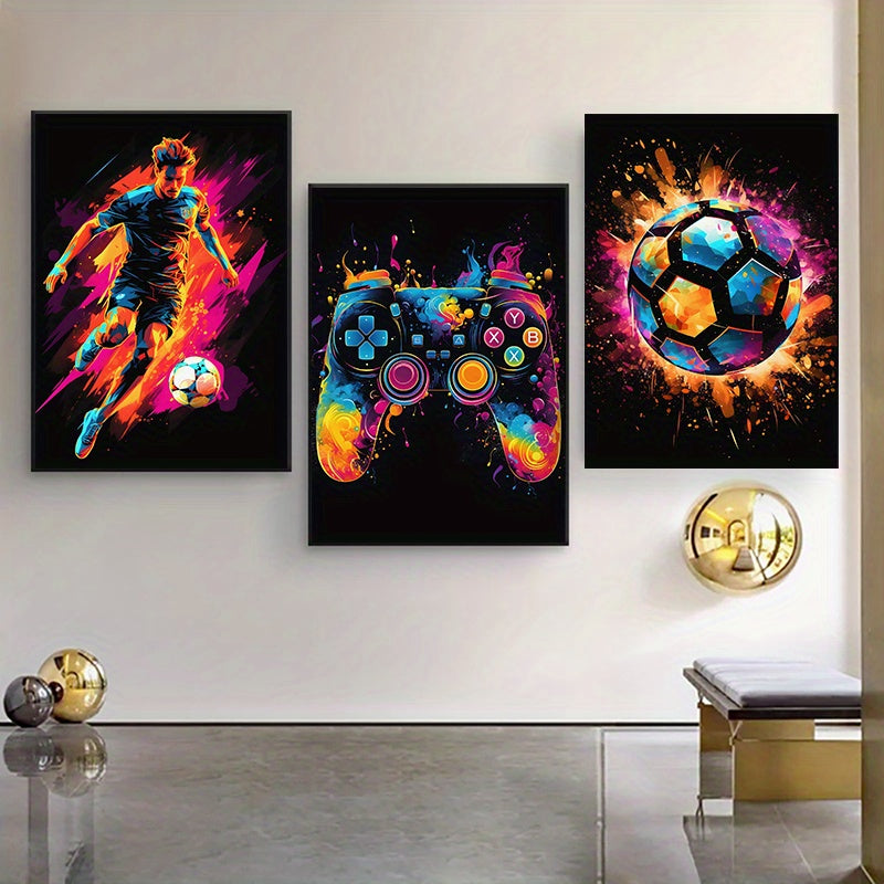 Conjunto de 3 Pósteres em Tela - Arte Moderna, Póster Abstrato de Futebol, Controlador de Jogo Decorativo com Explosão de Cores, Decoração de Parede sem Moldura