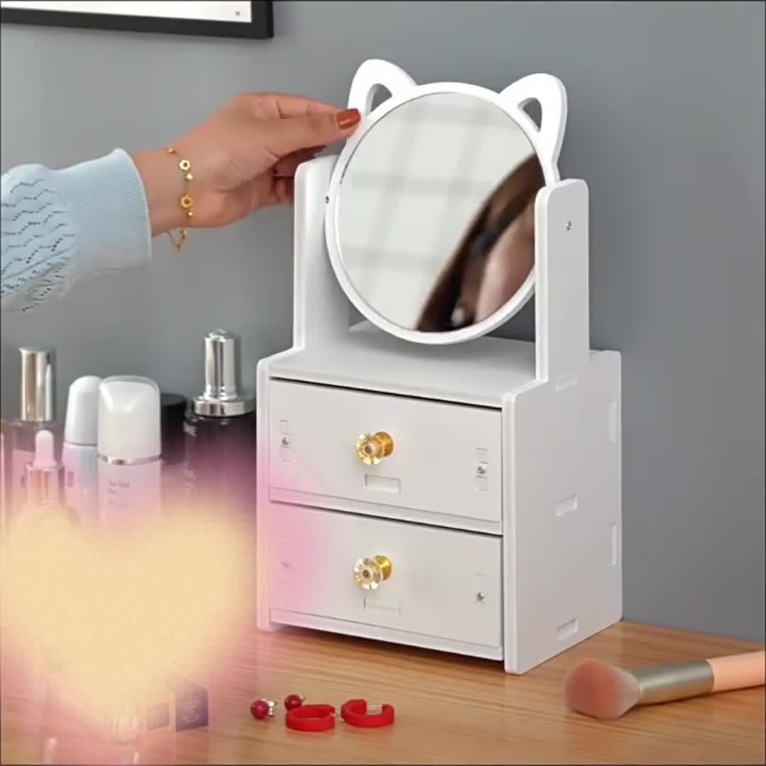 Make-up Spiegel met Lade – 360° Draaibaar, Cosmetica Opbergdoos Met Spiegel, Kattenoren Ontwerp