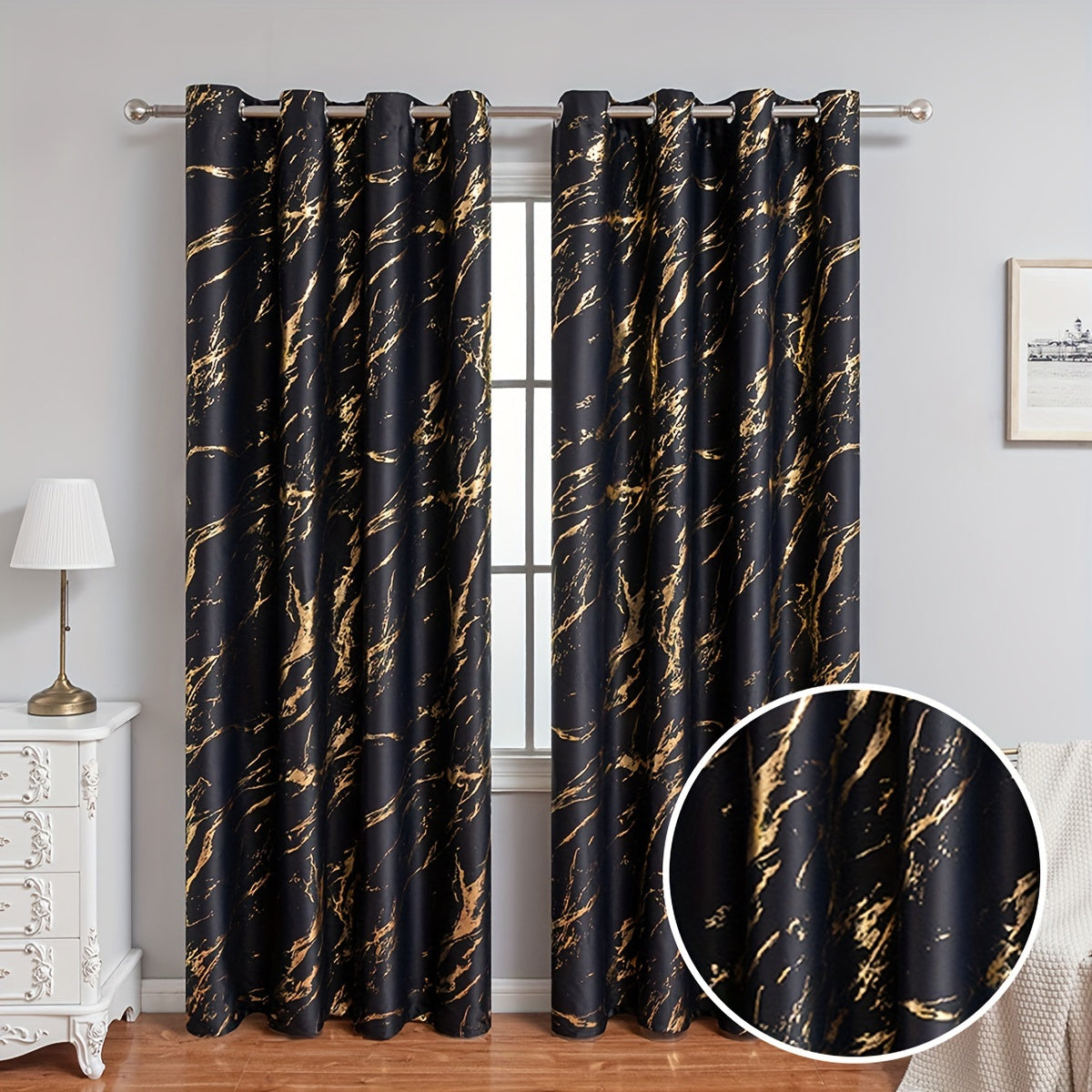 2 Pieces Bronzing Marble Print Blackout Curtains - Sunshade for Living Room and Bedroom