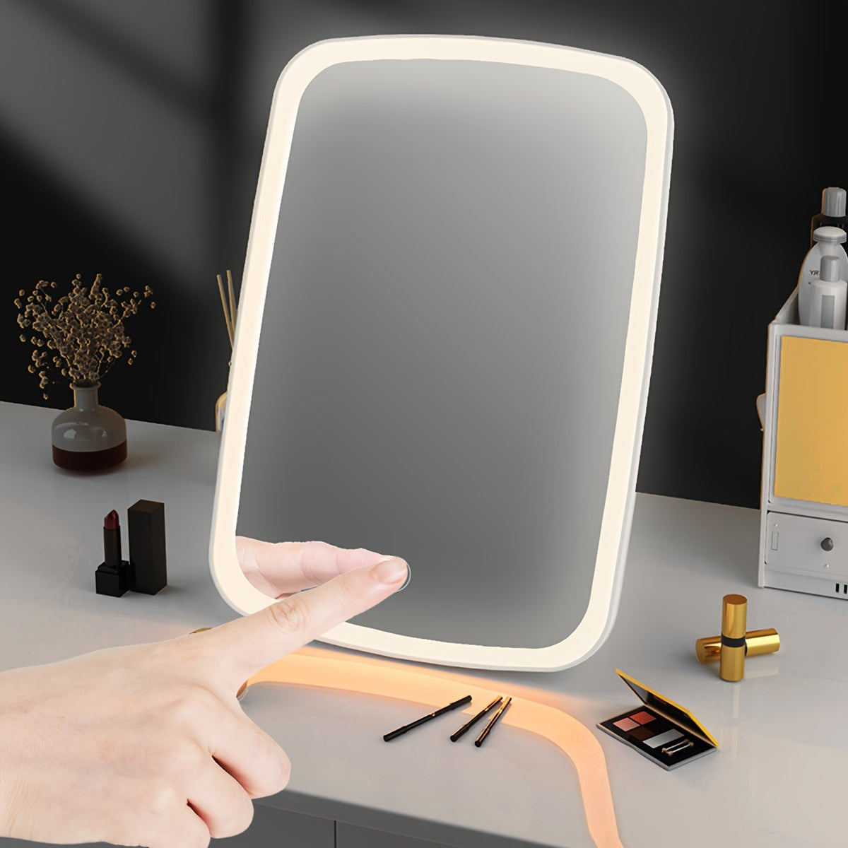 Specchio per trucco LED con sensore touch - 3 modalità di illuminazione a colori, luminosità regolabile, pieghevole e ricaricabile