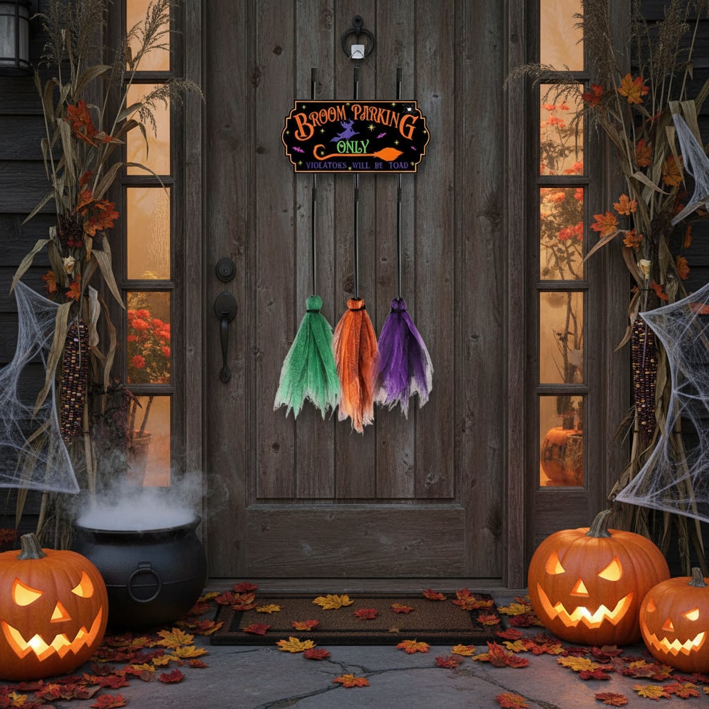 Decorazione Halloween Cartello Parcheggio Scopa Divertente - Image 1