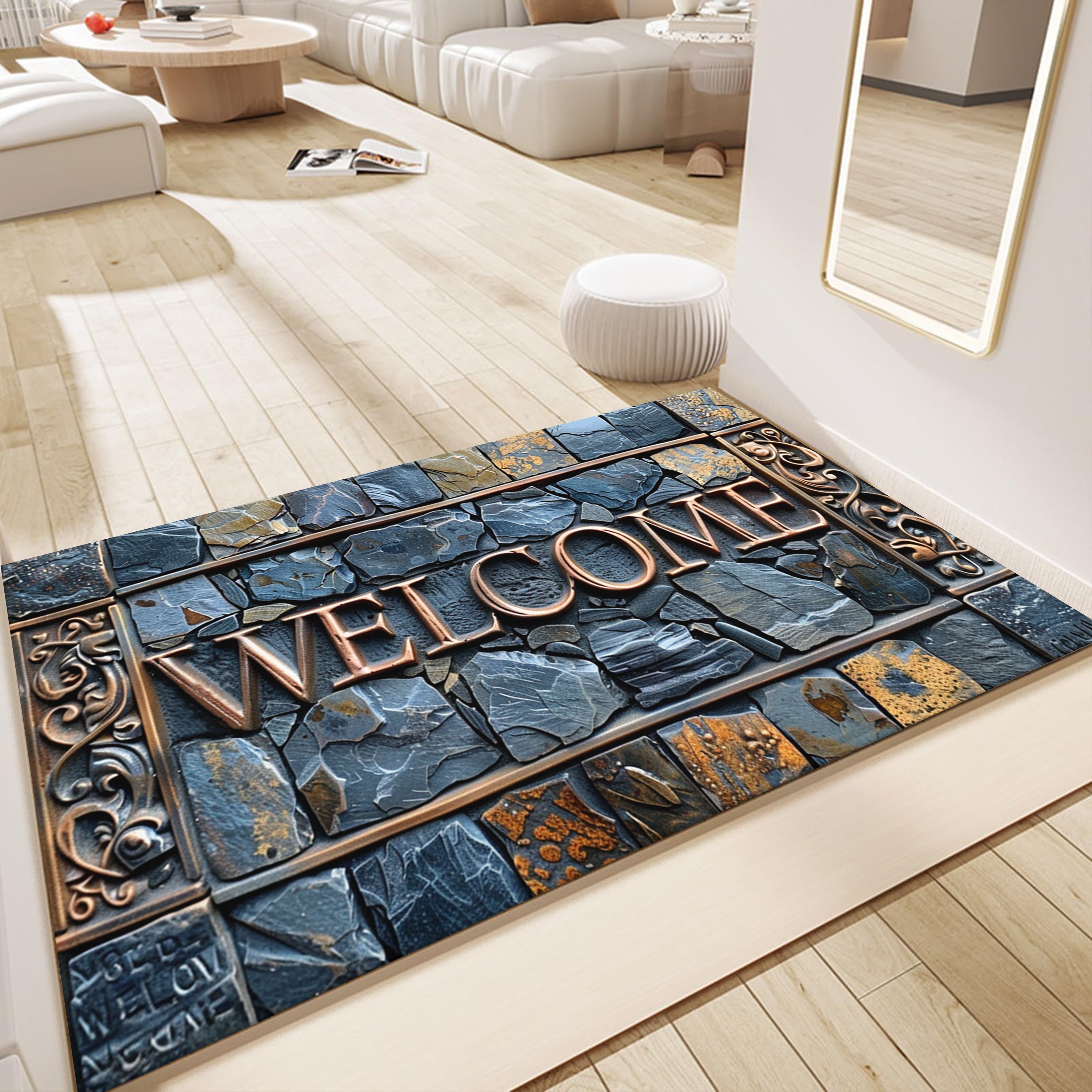 Welcome 3D Tappeto di Pietra – Antiscivolo, Impermeabile e Lavabile – Per Interni ed Esterni