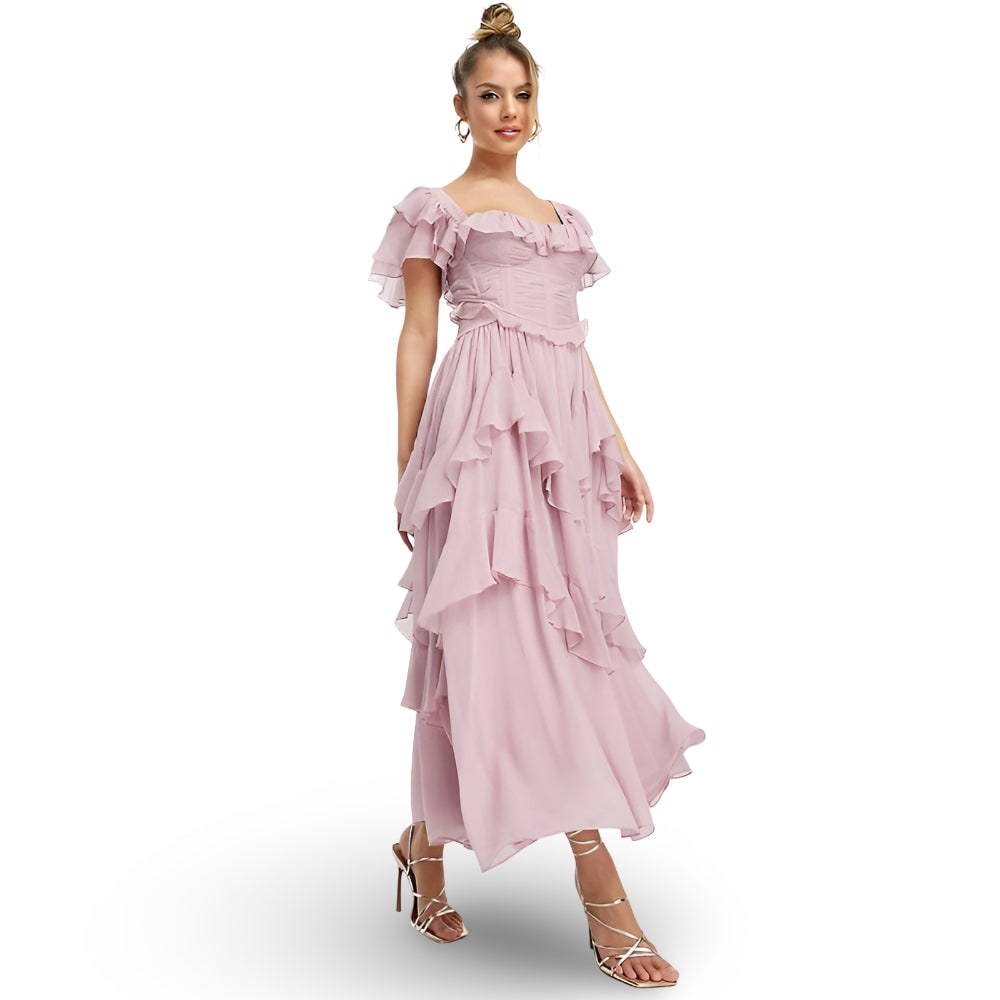 Donna Abito Midi Volant Spalle Scoperte | Abito Cerimonia - Image 2