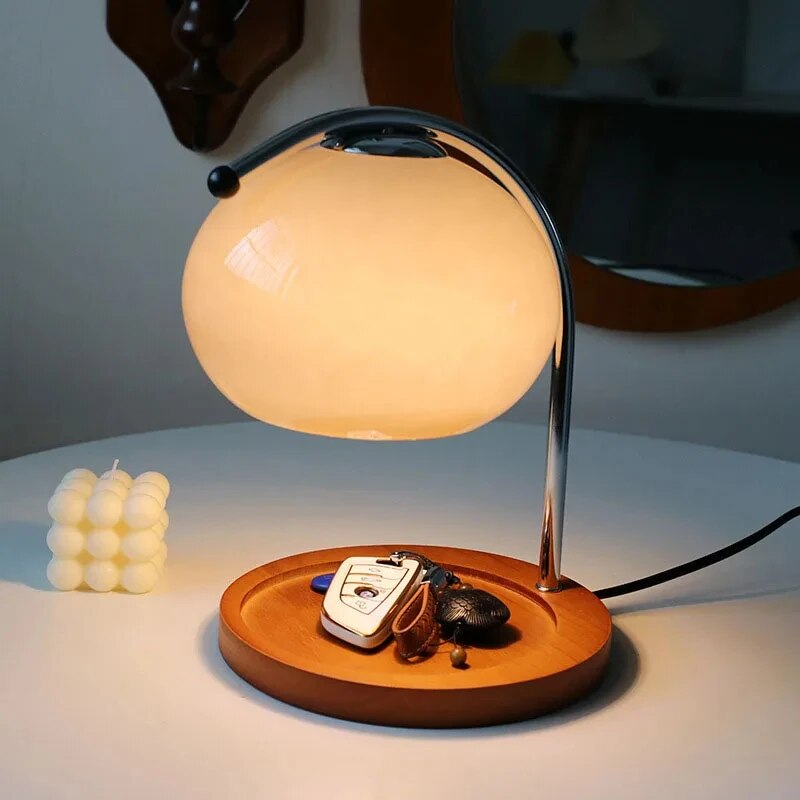 GlowSphere - Macaron Glass Table Lamp with Wooden Tray