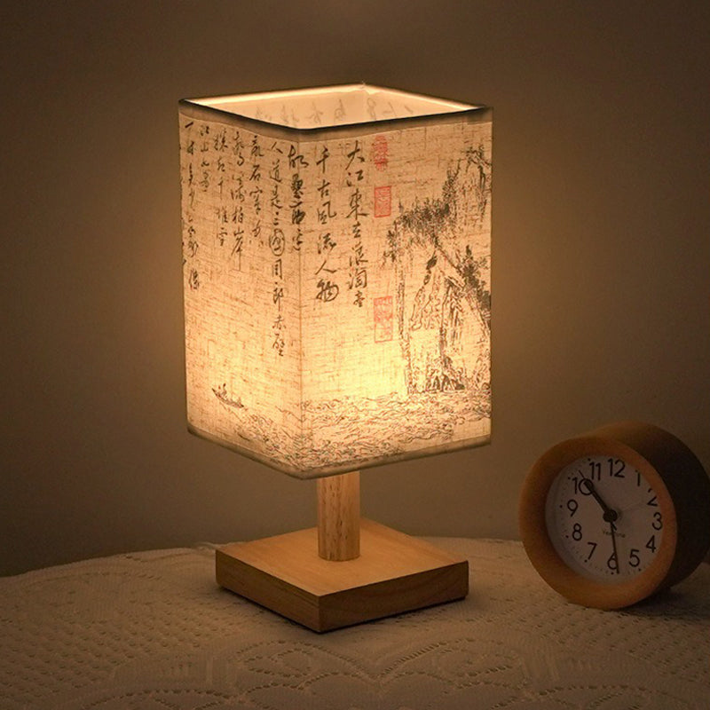 LumiSquare - LED Table Lamp with Wooden Base and Japanese Pattern, Modern Square Design