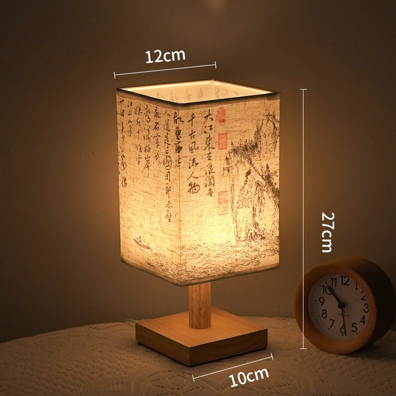 LumiSquare - LED Table Lamp with Wooden Base and Japanese Pattern, Modern Square Design