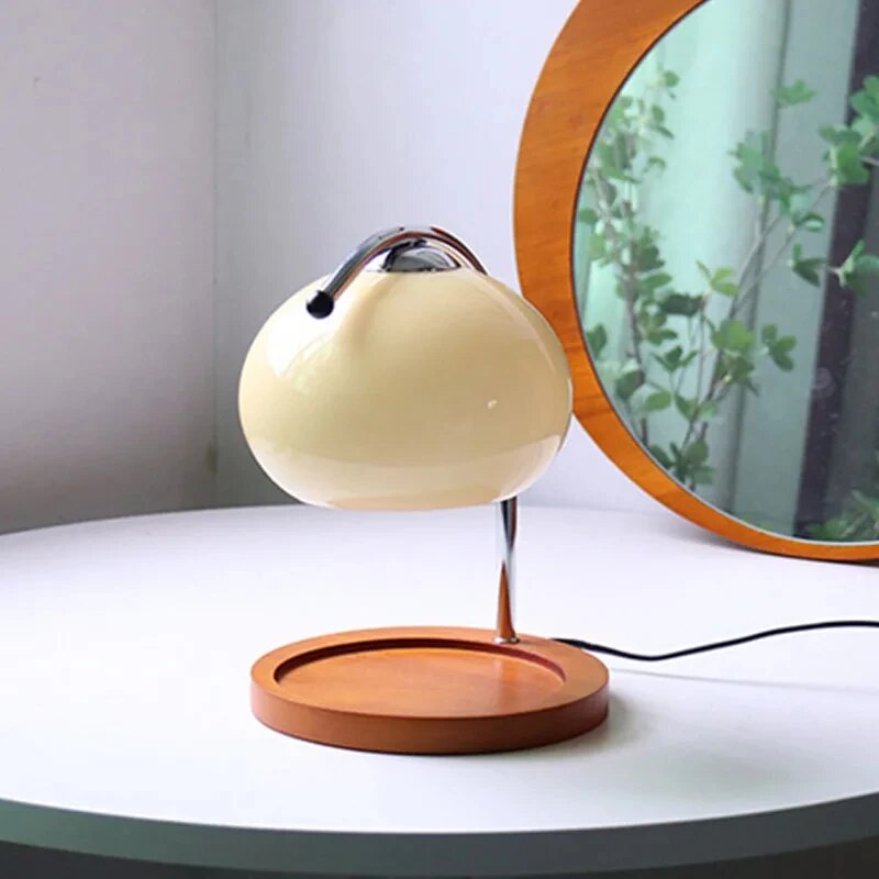 GlowSphere - Lampada da tavolo Macaron in vetro con vassoio in legno