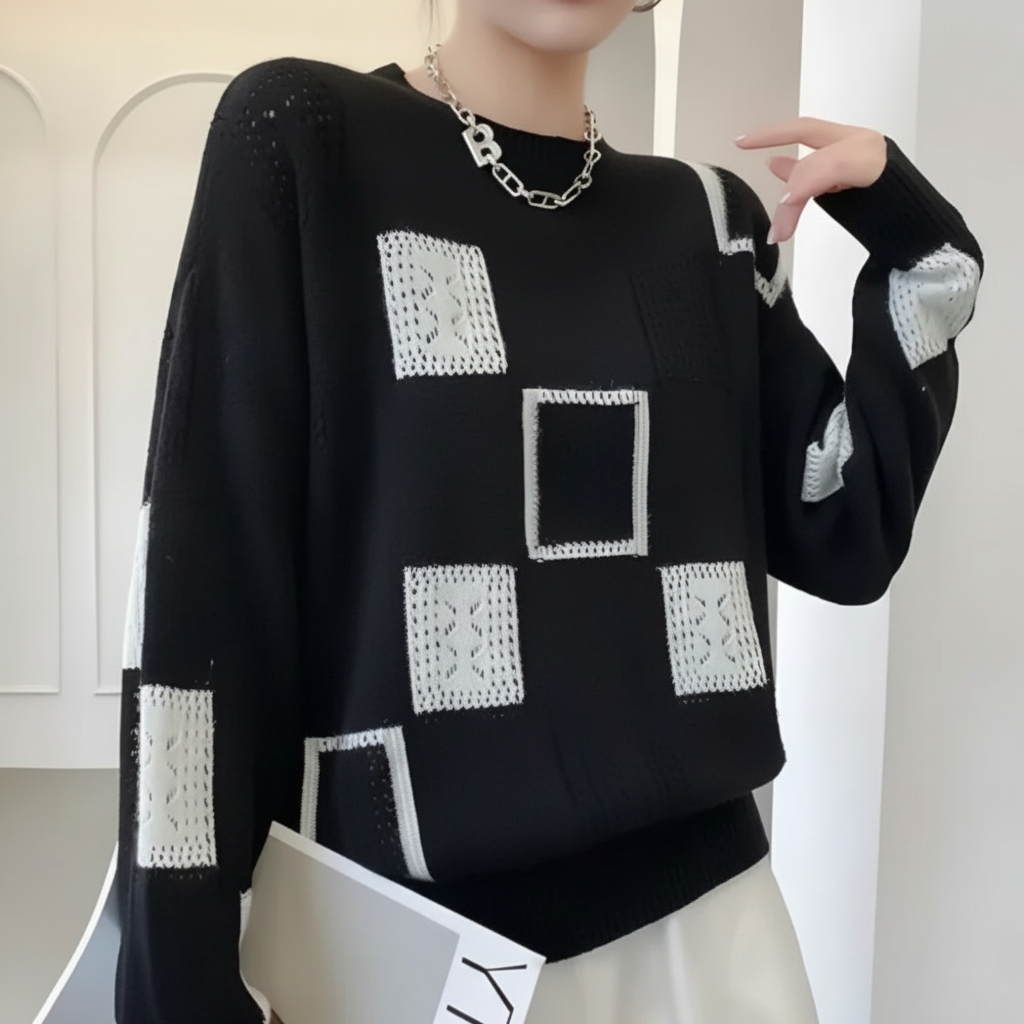 Camisola Geométrica Moderna em Lã Macia com Padrão Contrastante