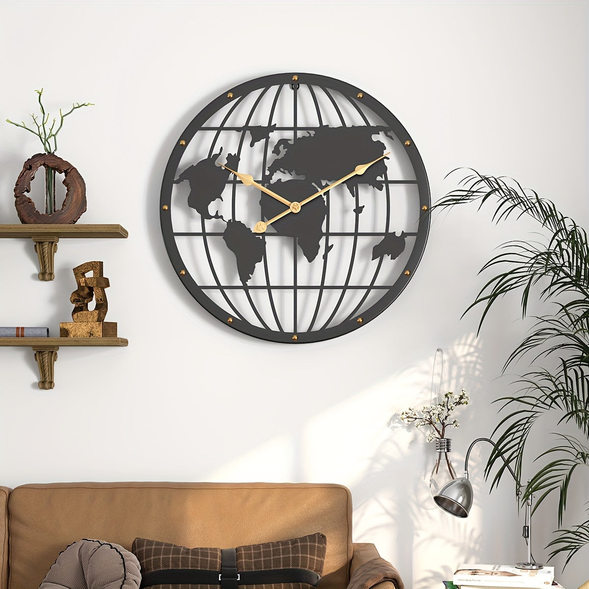 Wereldkaart Wandklok - Stille 40cm Metalen Klok met Gouden Cijfers