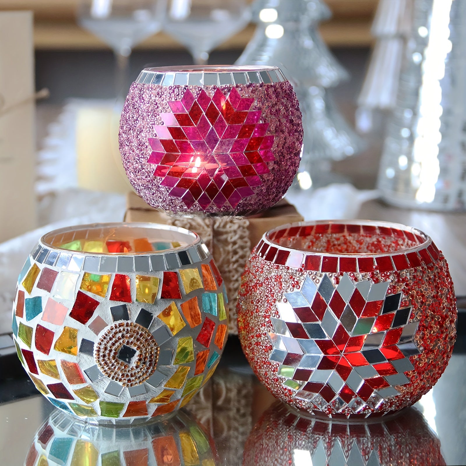 Set di Portacandele in Mosaico 3 Pezzi - Candelabri Unici Fatti a Mano