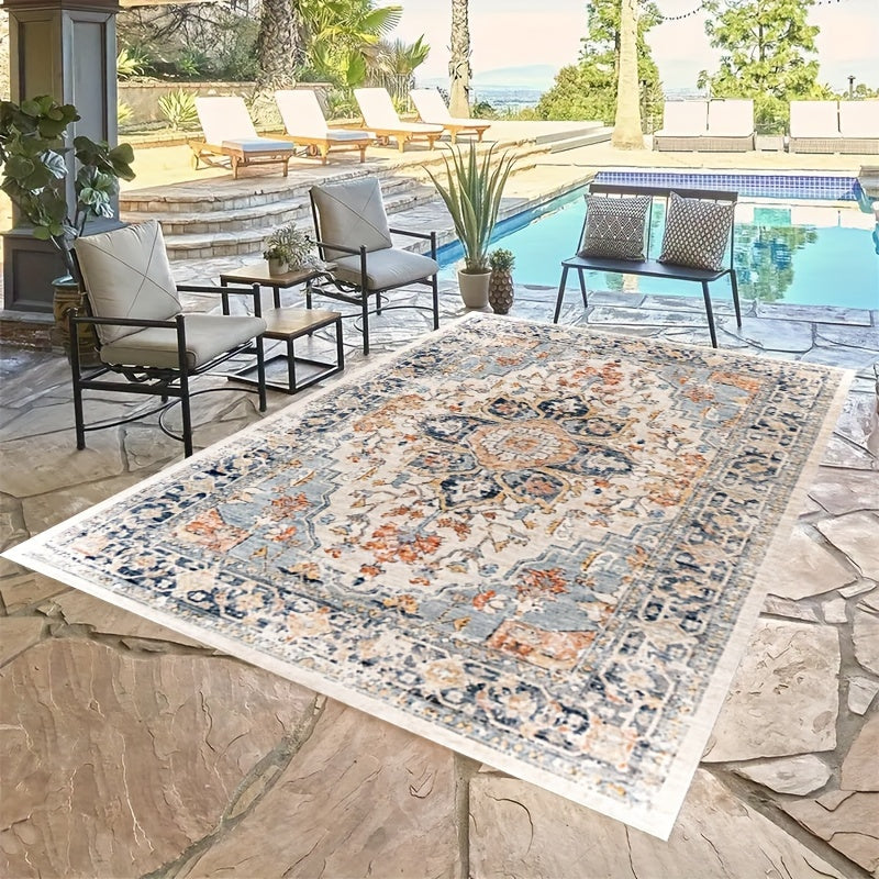 Vintage Bohemian Outdoor Rug - 850g/0.8cm Thick, Water Resistant, Non-Slip Washable Carpet for Terrace, Patio, Veranda, Machine Washable