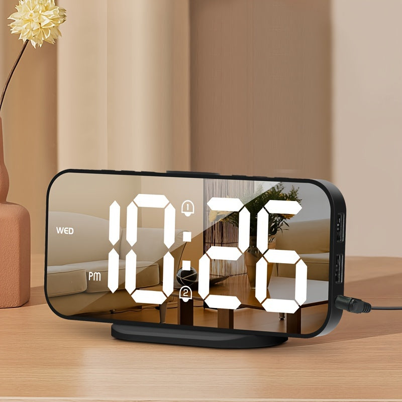 MirrorTime - Reloj despertador moderno con espejo LED y puertos de carga USB
