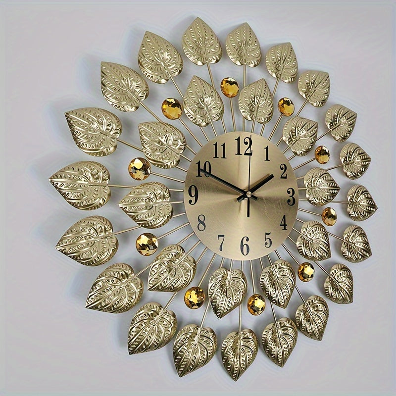 Reloj de pared moderno y silencioso con diseño de hojas doradas – Metal, reloj redondo, batería AA, sin tic-tac para sala de estar y comedor