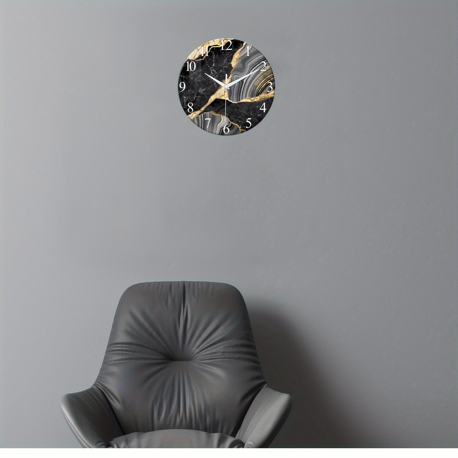 Reloj de pared moderno de vidrio de 12 pulgadas con patrón de mármol - Silencioso y alimentado por batería, perfecto para sala de estar y dormitorio (sin batería)