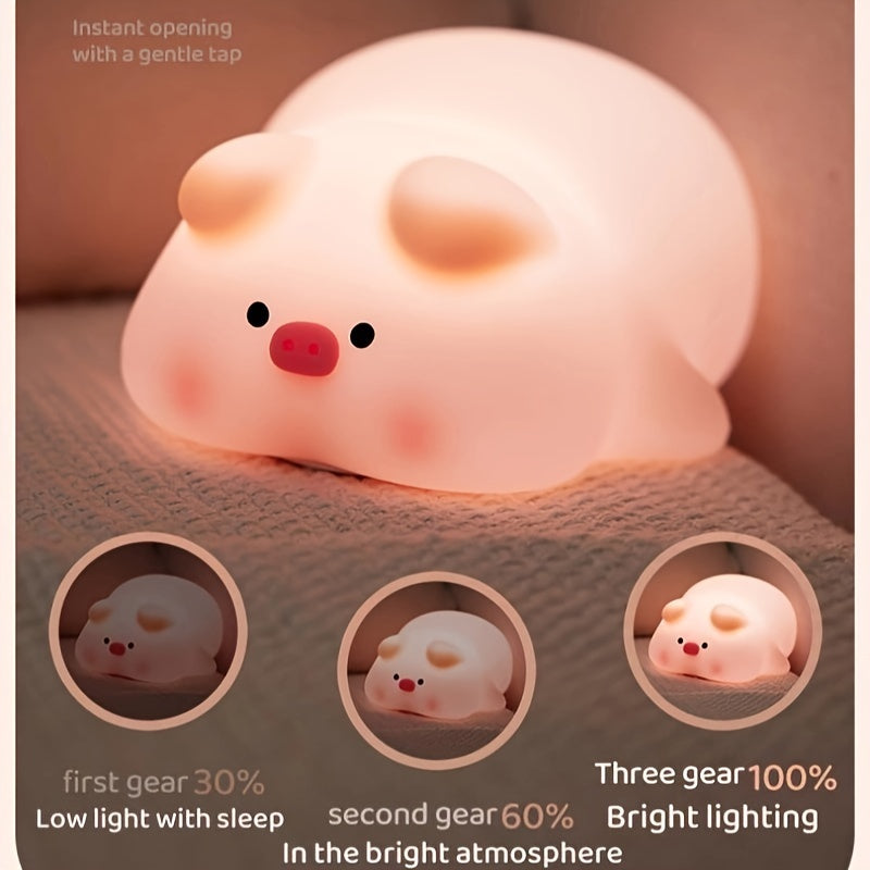 PiggyGlow - Cute Pink Pig LED Night Light, Rechargeable and Touch-Controlled