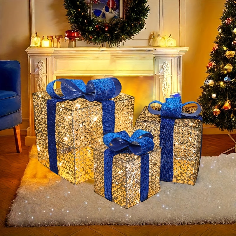 GlowGifts - Set di 3 Scatole Regalo di Natale Illuminati con Fiocchi