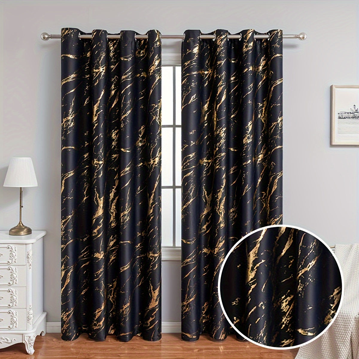 2 Pieces Bronzing Marble Print Blackout Curtains - Sunshade for Living Room and Bedroom