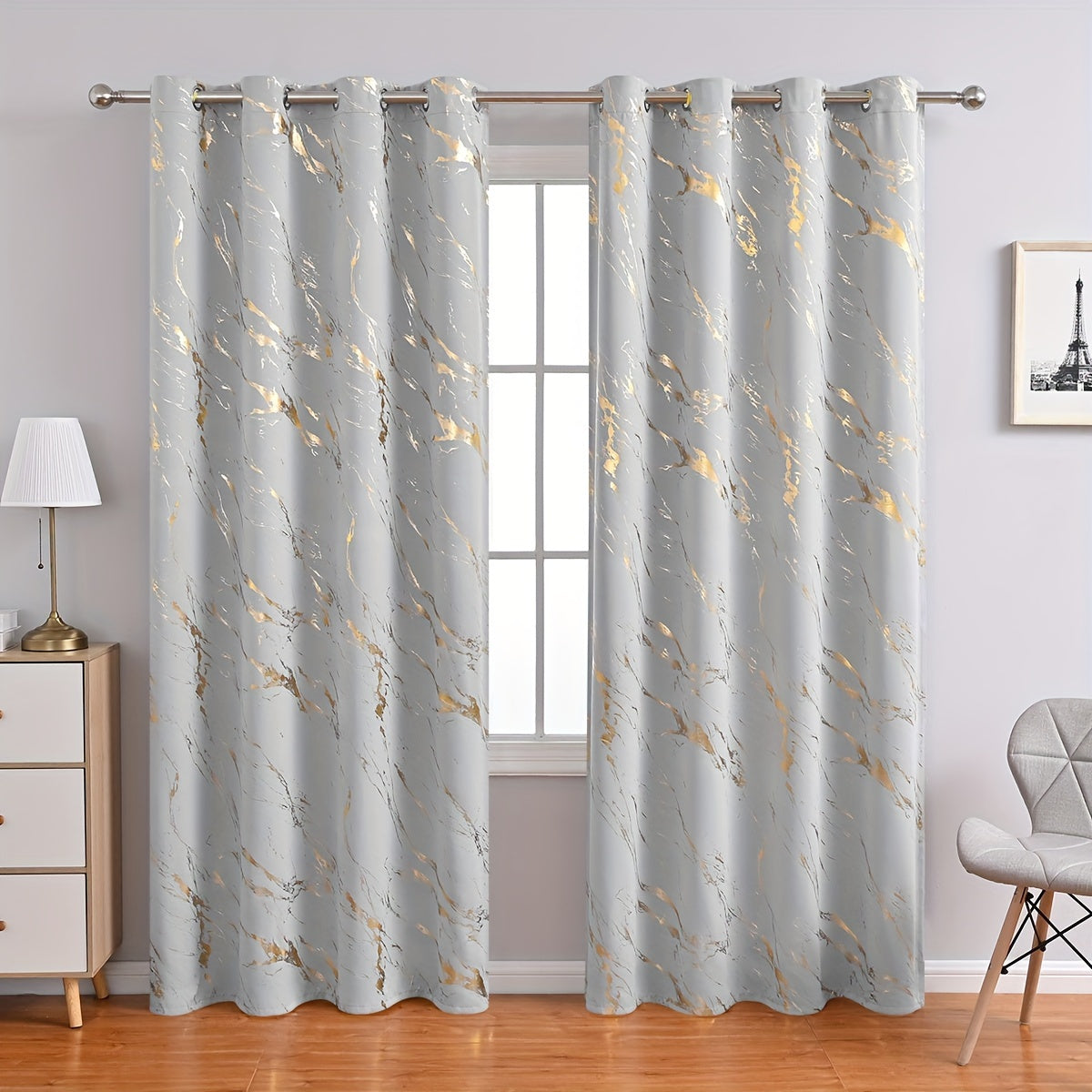 2 Pieces Bronzing Marble Print Blackout Curtains - Sunshade for Living Room and Bedroom