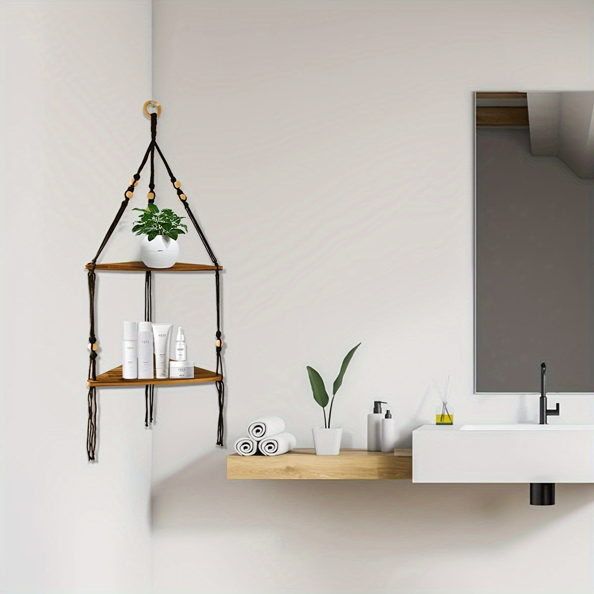 MacrameShelf - Boho Floating Shelves with 2 Layers for Bedroom, Bathroom & Living Room