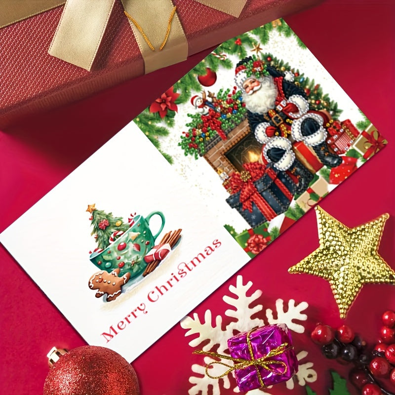 Conjunto de 6 Cartões de Pintura com Diamantes de Natal - Conjunto Festivo Feito à Mão com Motivos de Pai Natal, Coruja e Presentes para Votos de Natal, Forma Irregular de Diamante