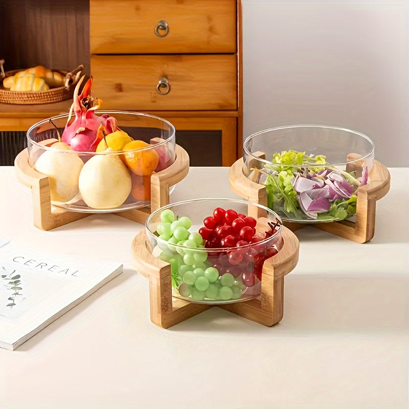 Faridabio - Bamboo & Glass Fruit Bowl Set with Wooden Stand