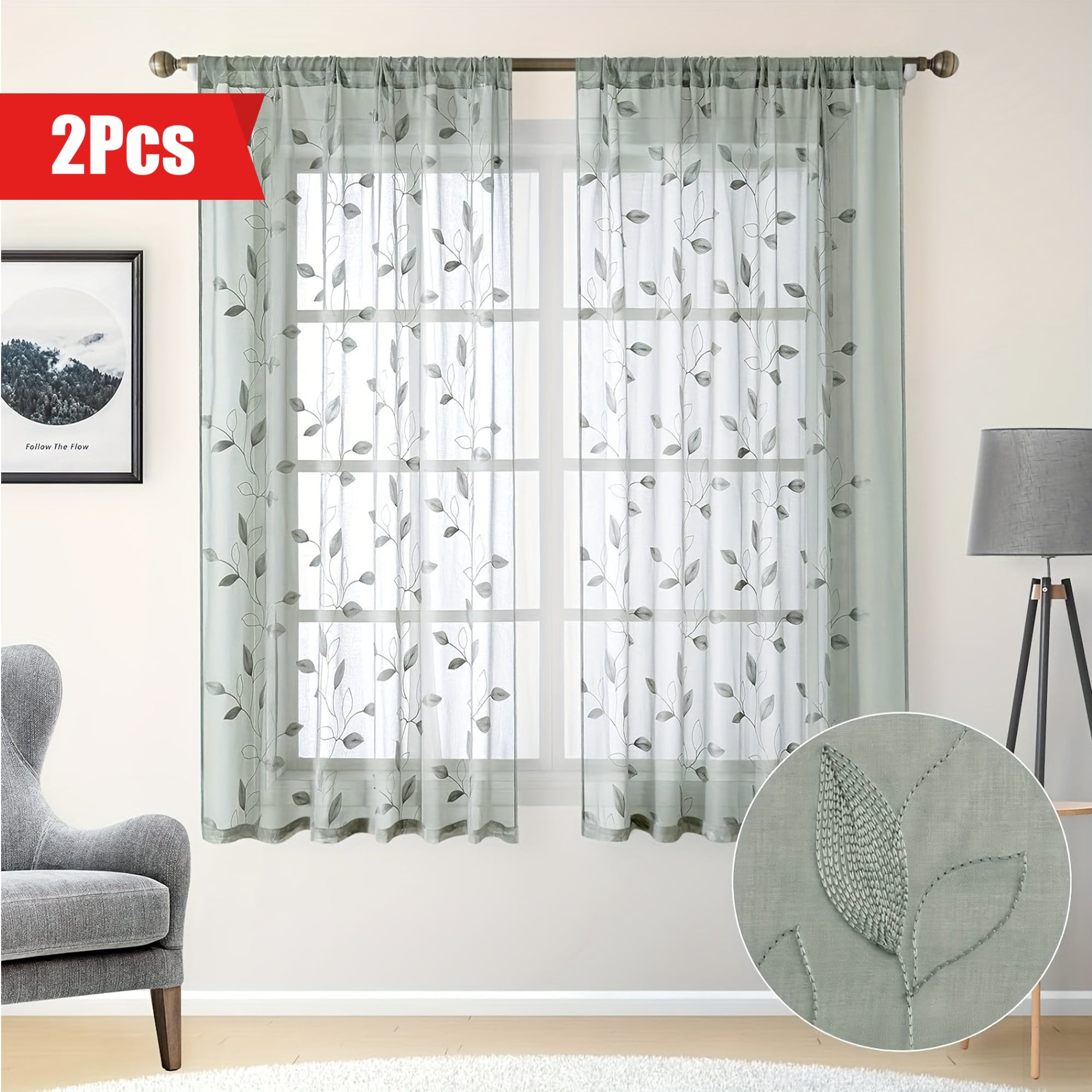 Cortinas Transparentes com Bordado de Folha - 2 Peças com Bolsa para Varão para Quarto e Sala de Estar