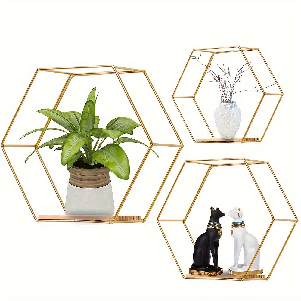 HexaDisplay - Set van 3 Vintage Zeshoekige Zwevende Planken met Massief Houten Basis