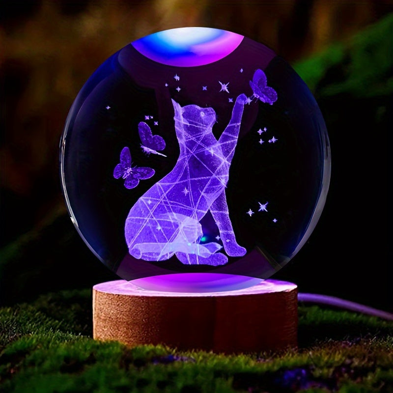 CrystalGlow - Lâmpada Noturna 3D de Gato e Borboleta em Cristal com Base de Madeira
