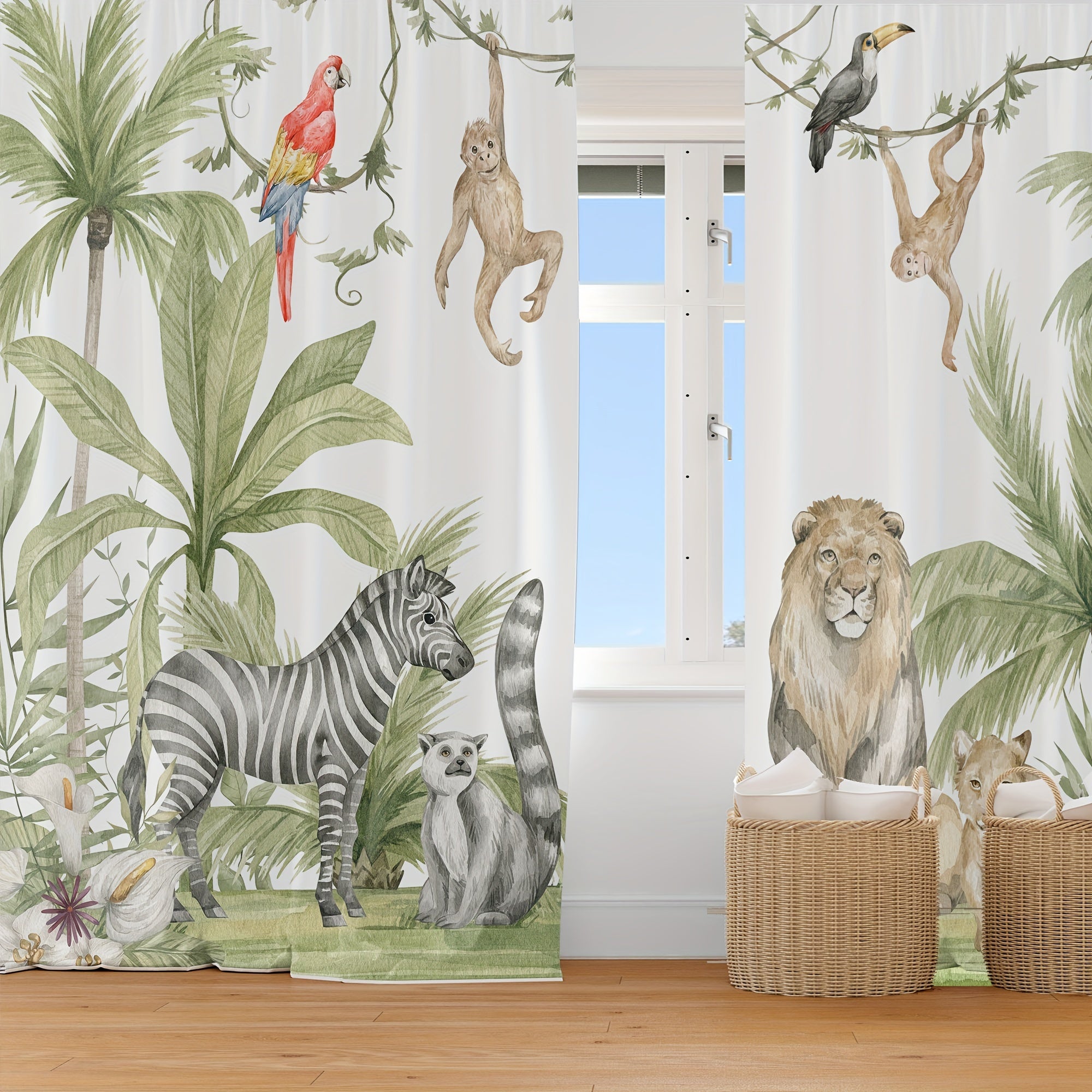 Tende Safari nella Giungla Classiche - 2 Pezzi in Satin Poliestere Traslucido con Stampa Animali per Camera da Letto