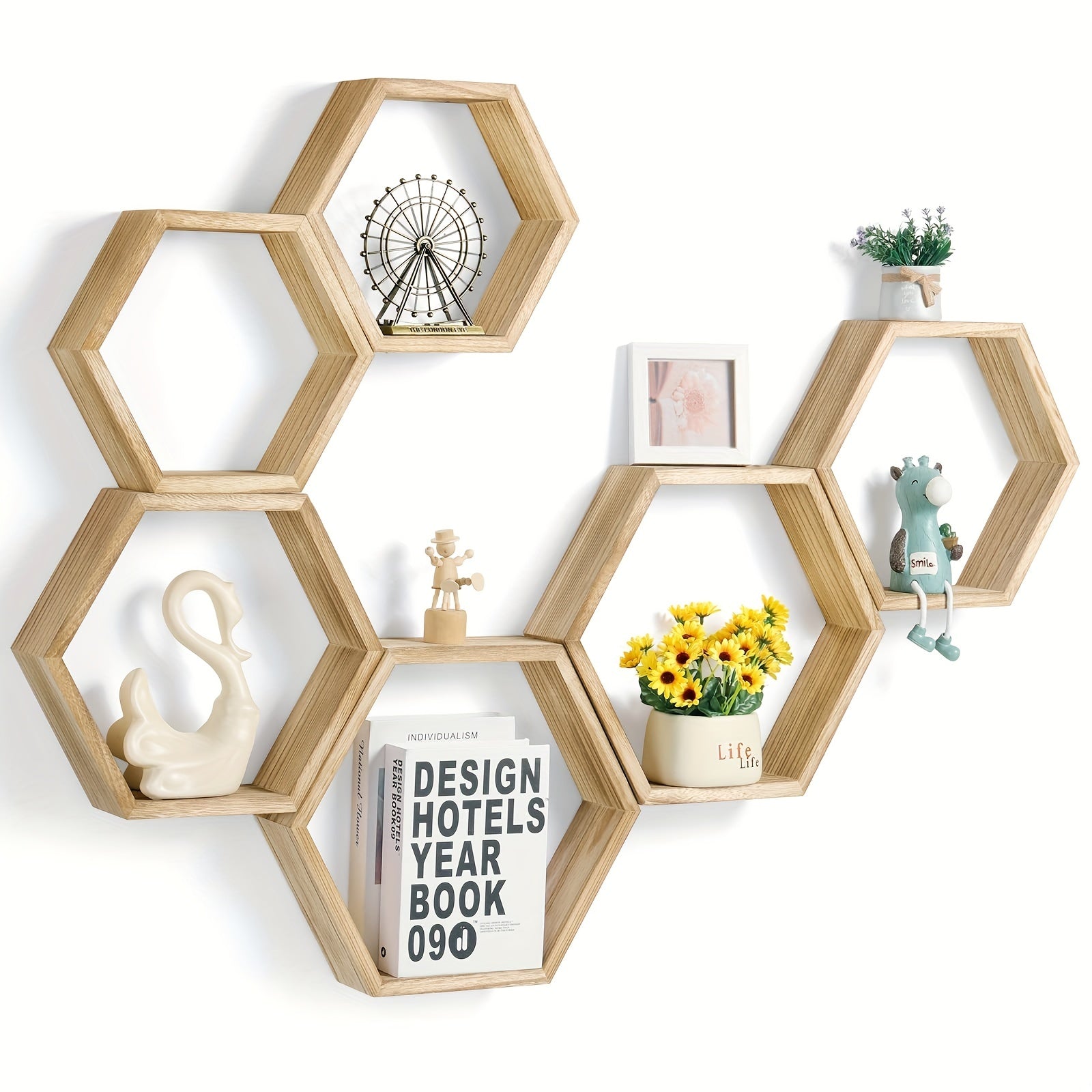 HexaWood - 3 Pieces Wooden Hexagonal Floating Wall Shelves for Kitchen, Living Room & Bedroom