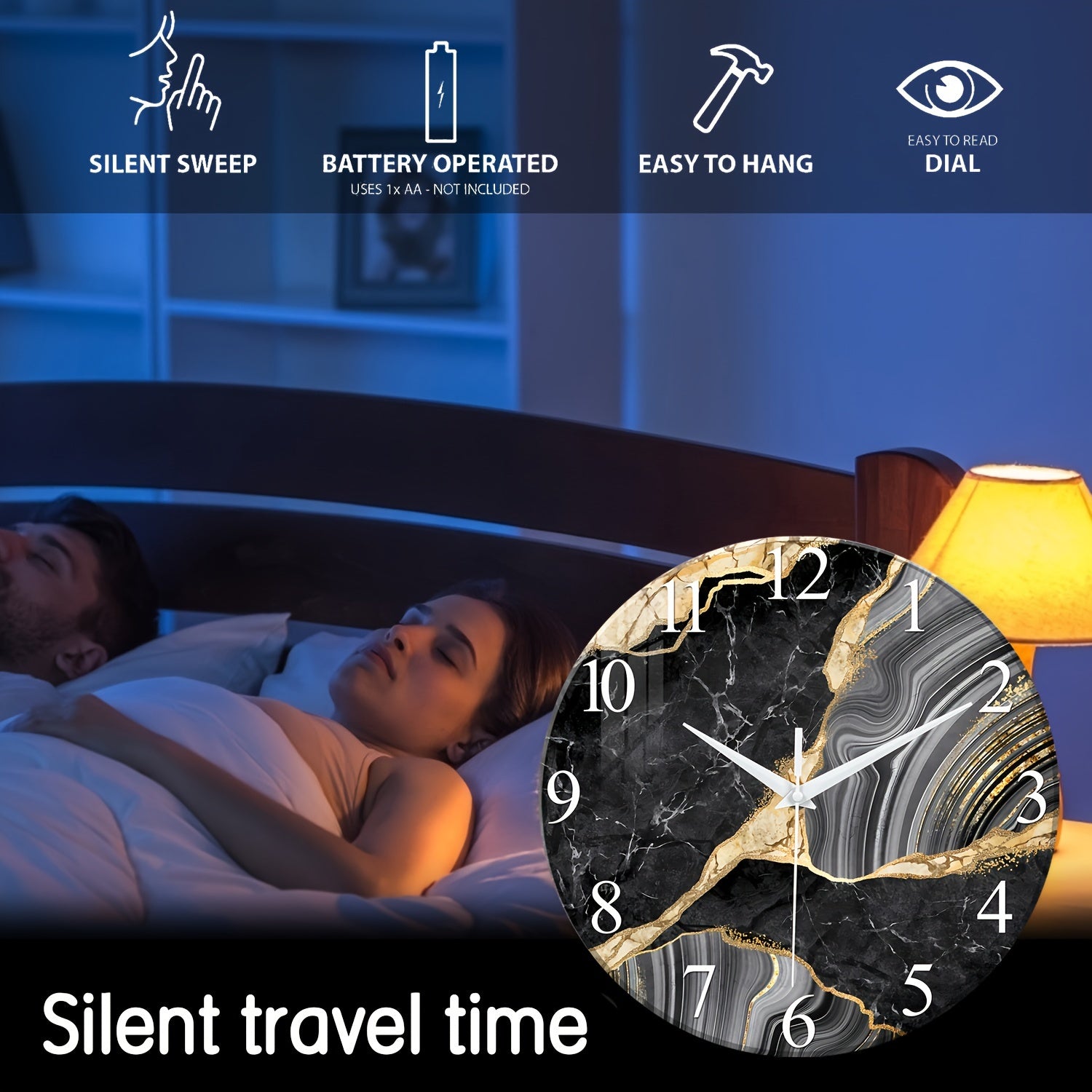 Reloj de pared moderno de vidrio de 12 pulgadas con patrón de mármol - Silencioso y alimentado por batería, perfecto para sala de estar y dormitorio (sin batería)